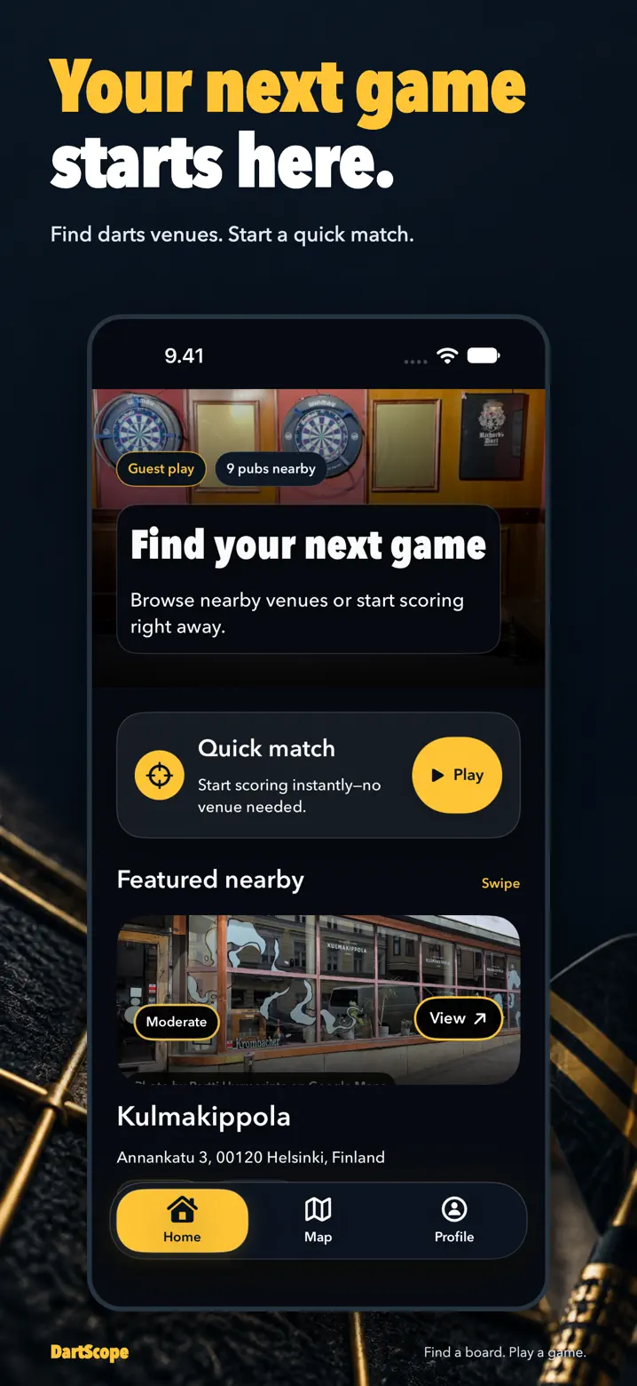 DartScope Discover screen with featured darts venues and Quick Match
