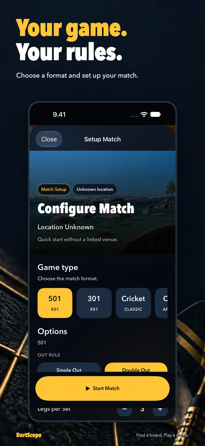 DartScope match setup with game modes and player options