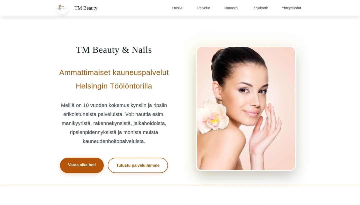 TM Beauty's live homepage, showing its services and booking links